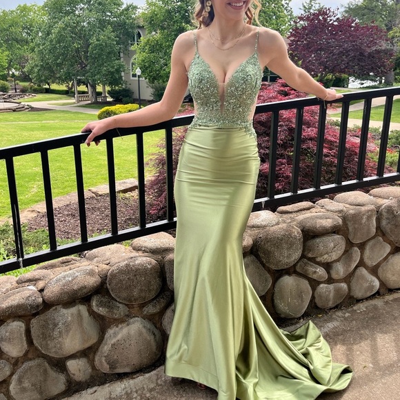 sherri hill sage green dress Sherri Hill Embellished Lace Prom Dress 56315 main image 0